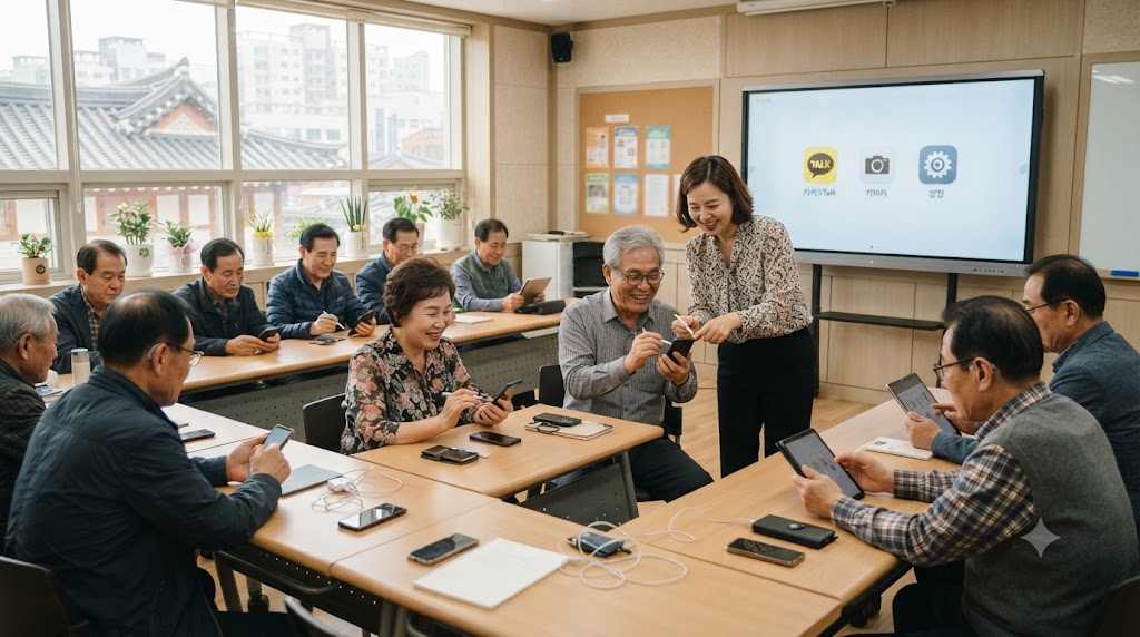 시니어 AI 교육 시간에 복지관에서 스마트폰을 배우는 어르신들