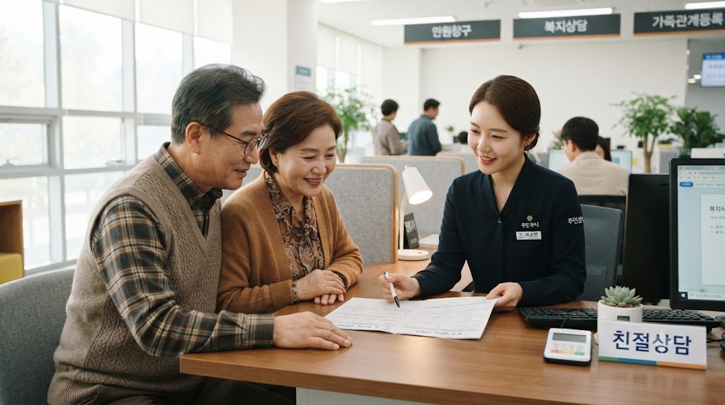 어르신 복지 혜택인 에너지바우처를 주민센터에서 신청하는 노부부