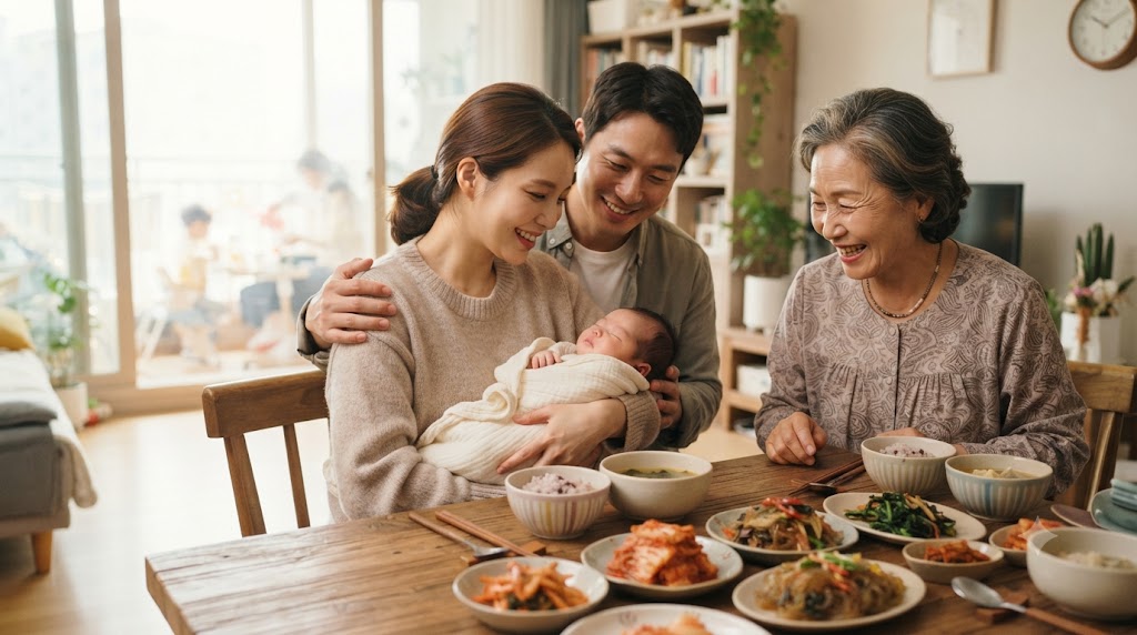 손주 돌봄을 함께하는 삼대 가족이 갓난아기를 바라보며 웃는 모습