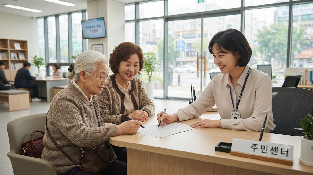 에너지바우처 신청을 위해 행정복지센터를 찾은 50대 딸과 80대 어머니